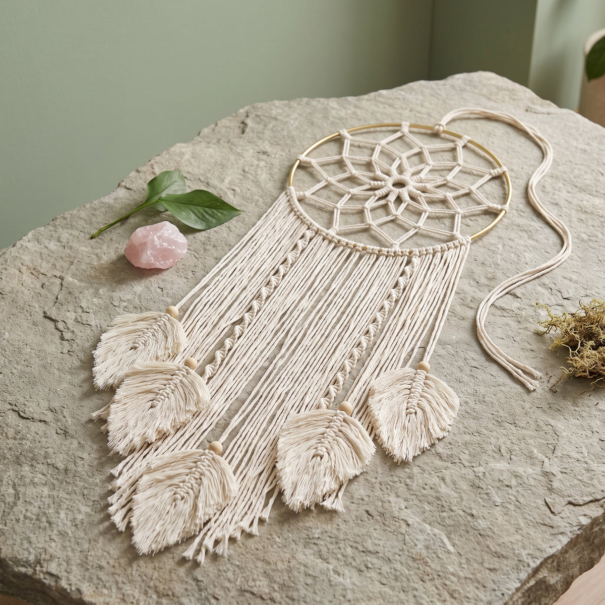 Atrapasueños Bohemio Tejido con Hojas en Macramé