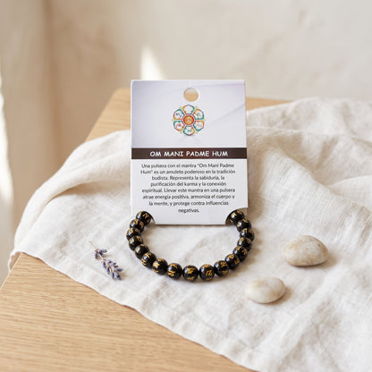 Pulsera de Ónice 8 mm Om Mani Padme Hum Elástica