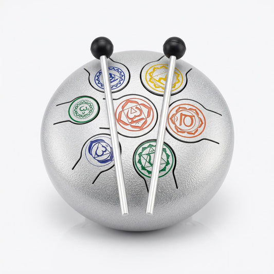 Tambor de lengüetas de metal 7 chakras con mazas (15 cm)